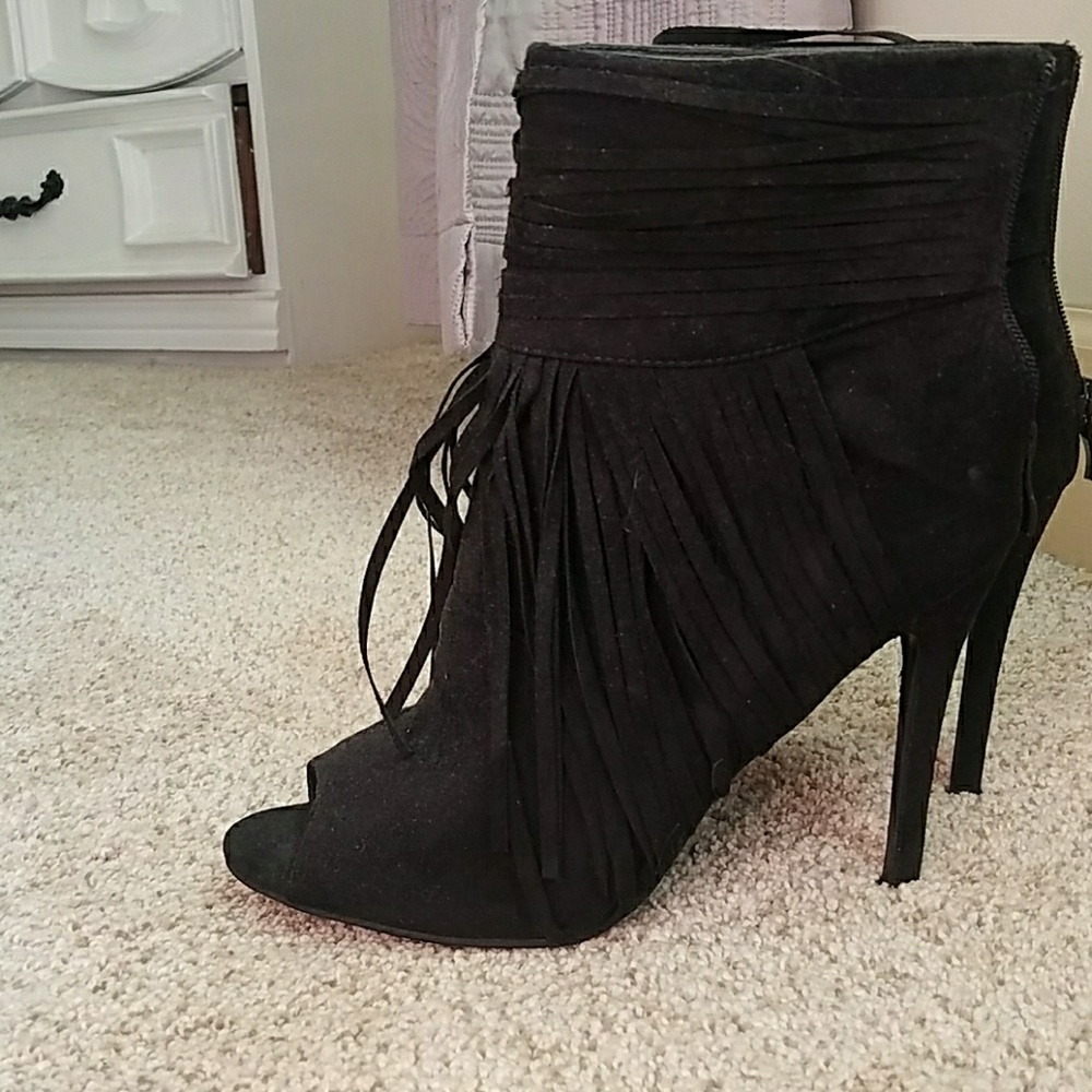 Black fringe open toe heel bootie